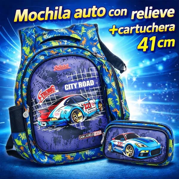 Mochila auto con relieve + cartuchera 41 cm
